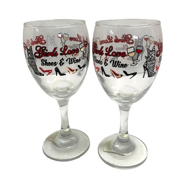 New Cristar Wine Goblets Glasses Set of 2 Girls Love Shoes & Wine - Picture 1 of 3